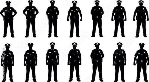 Collection of black police officer silhouettes standing in uniform with caps isolated on white background vector illustration for security design.