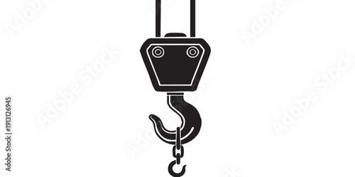 Crane hook icon, flat black and white, industrial silhouette, minimal vector, chain detail, isolated, simple design