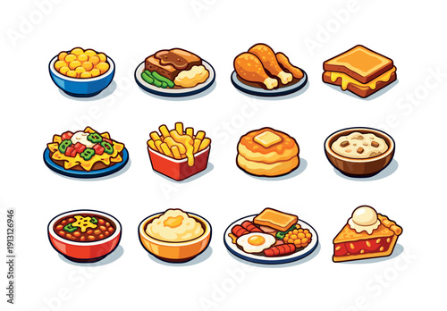    Comfort Food. Colorful isometric vector icons set of Comfort Food: mac and cheese, meatloaf with gravy, fried chicken drumsticks, grilled