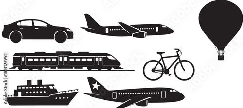 Transportation modes and vehicles in black silhouette style illustration