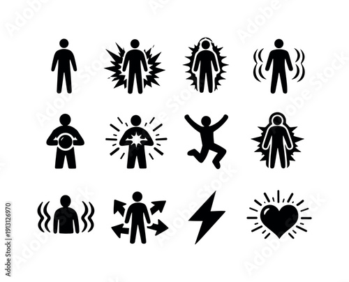 Body Energy Icons. Body Energy Release. Solid icon set of Body Energy Release: figure silhouette, power burst, light aura, kinetic waves, energy sphere,