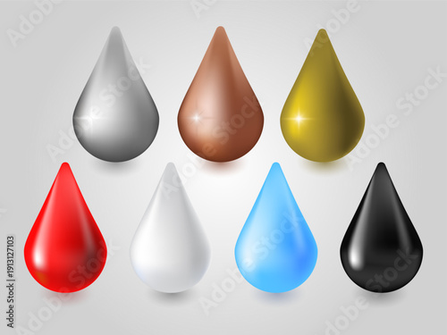 Seven 3D Liquid Drops of Gold, Silver, Bronze, Blood, Milk, Water and Oil on Light Background, Material Set