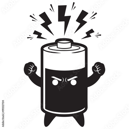 Powerful Cartoon Battery Character with Angry Fists and Lightning Bolts