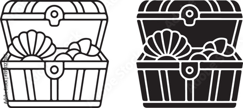 Two open treasure chests filled with gold coins and jewels isolated on white background, illustration