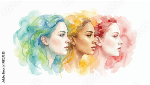 Three women with colorful hair profiles