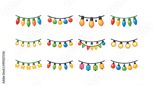    Festive string lights. Colorful flat vector icons set of festive string lights: classic bulb lights, round globe lights, vintage filament
