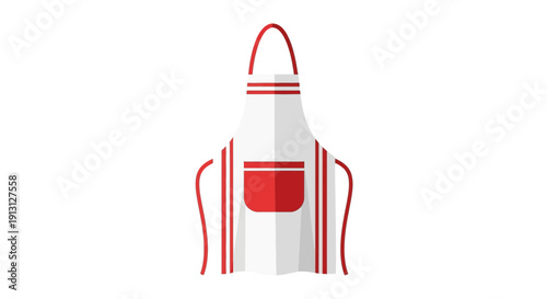 White chef's apron with red stripes and pocket, isolated on white background