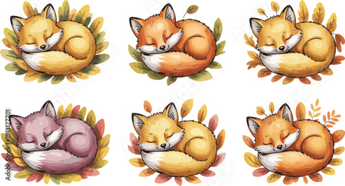 Cute Sleeping Fox in Autumn Leaves Vector Set with Cozy Forest Animal in Nest Flat Cartoon Style Isolated on White Background