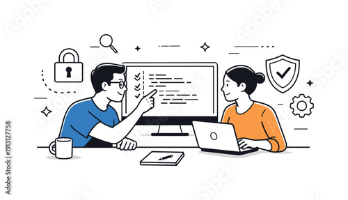 Secure software development practices. Developers reviewing code together on a screen, focusing calmly on quality and safety. Clean tech