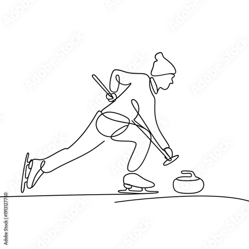 Continuous line drawing of a curler releasing a stone on ice