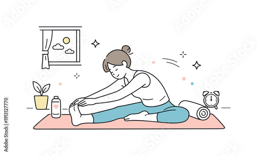 Yoga mat pastel morning routine. A simple editorial scene of stretching on a pastel yoga mat near a window, calm start of the day. Soft light