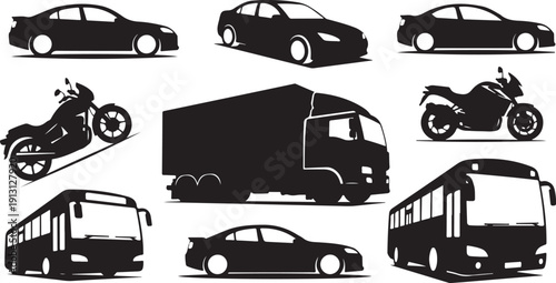 Silhouettes of various vehicles on a white background illustration