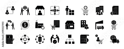 B2B icon set. Business to business, supplier, commerce, vendor, enterprise, partnership, manufacturer, purchase order, supply chain, transaction, quotation and more.