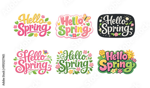    Sweet spring vibes. Set lettering. harmonious lettering variations of the same emblematic concept, each with different artistic