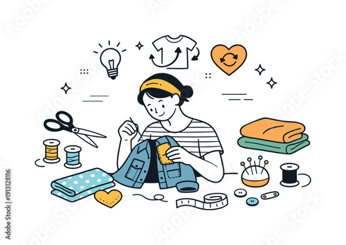 DIY fashion and upcycling overview. Calm editorial scene of a person creatively transforming old clothes into something new, scissors, fabric