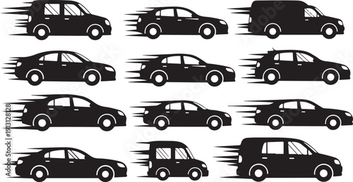 Black car silhouettes in motion on white background illustration