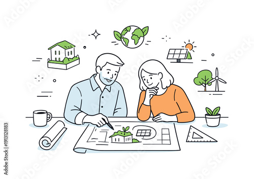 Sustainable architecture planning. Architects reviewing plans with green roof icons and building sketches. Thoughtful design, long-term