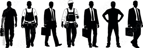 Group of Men Silhouettes Featuring Businessmen and Construction Workers Standing Together Representing Diverse Professions and Labor Force