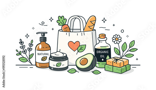 Organic lifestyle products. A small set of natural goods on a table with herbs and flowers, soft and balanced composition.