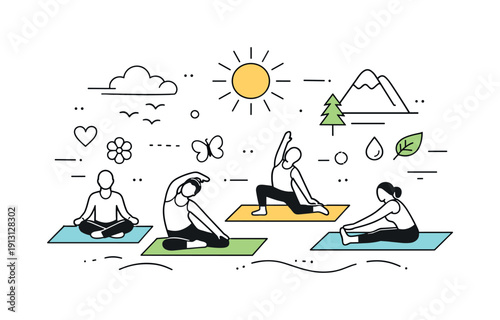 Abstract outdoor fitness meetup scene. Stylized yoga mats, stretching figures, sun, and nature icons floating in a clean decorative