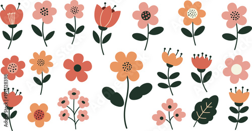 A vibrant seamless floral pattern featuring pink tulips and red poppies set against a lush nature background with spring leaves and garden blossoms for a decorative vector wallpaper design