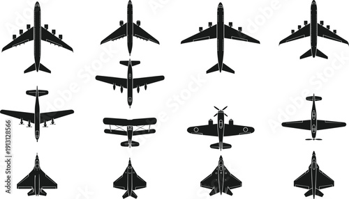 Airplane silhouettes collection top view, commercial jet, propeller aircraft and fighter planes isolated vector illustration set