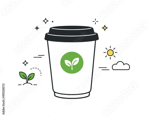 Reusable coffee cup with logo. A clean product-focused scene showing a reusable takeaway cup with a simple logo centered on it. Calm everyday