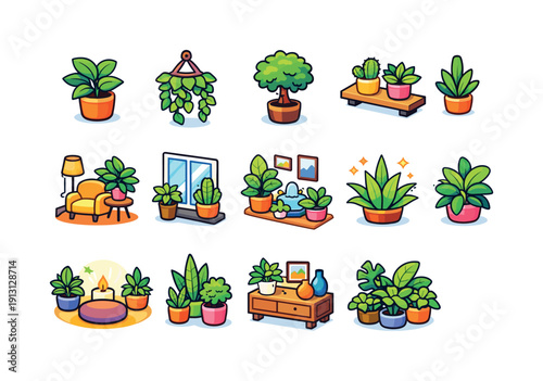 Indoor greenery. Colorful isometric vector icons set of indoor greenery: potted houseplant, hanging vine, small indoor tree, leafy friend on