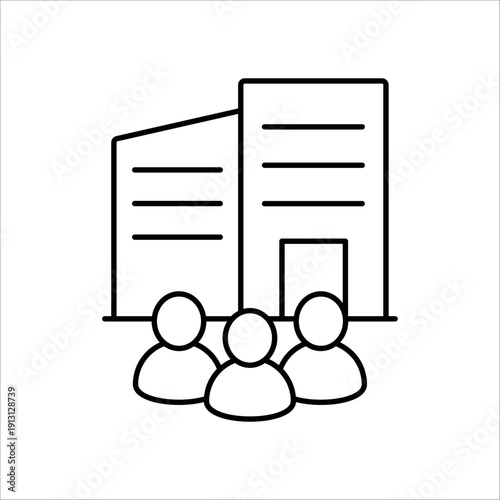 icon an enterprise corporation with building and team of people, isolated against a clean background.
