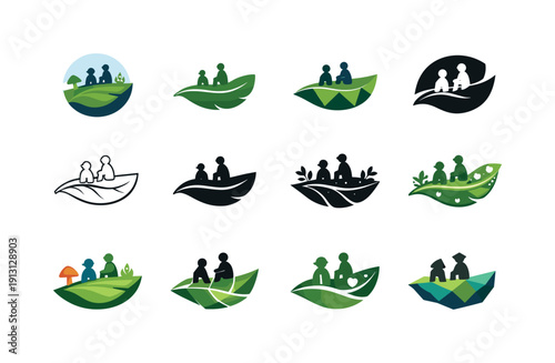 Miniature worlds and microcosms. Icon set. Set Logo of Miniature worlds and microcosms: tiny people on giant leaf. harmonious logo variations