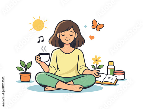 Spring female lifestyle young woman enjoying a calm everyday moment with light clothing, greenery and soft sunlight, expressing balance,