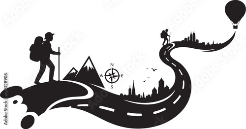 Adventure Traveler Silhouette with City and Mountain Landscape Background