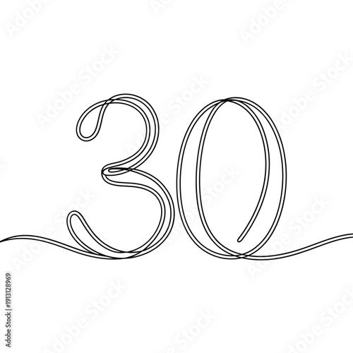 A minimalist line drawing depicting the number thirty elegantly stylized