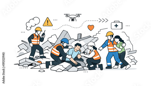 Coordinated Rescue Efforts. Disaster rescue operation. Emergency workers navigating debris to help survivors, structured effort and steady teamwork. Editorial