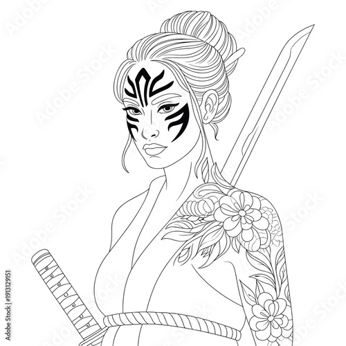 A solitary warrior woman with striking face paint and floral tattoos holding a katana sword ready for battle