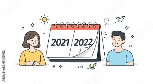 Fresh start concept. A simple scene with a calendar turning to a new year and people smiling quietly nearby. Editorial metaphor for renewal