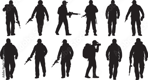 Silhouettes of men with guns in various poses and actions