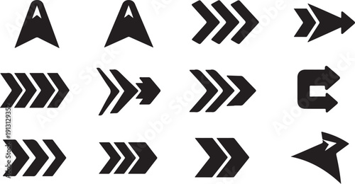 Collection of various black arrow icons on white background
