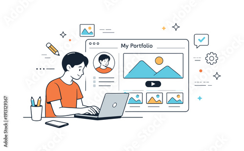 Building personal brand. A person updates an online portfolio and profile, carefully arranging content and visuals. Focused