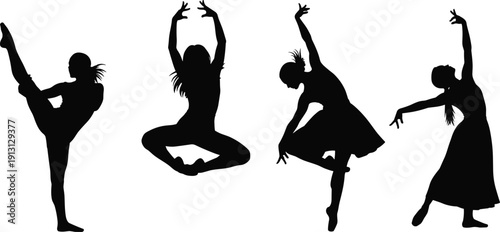 Female dancer silhouettes collection, ballet and contemporary dance poses vector illustration isolated on white background for design