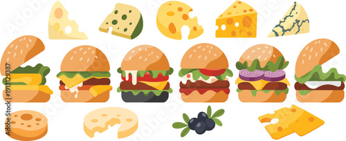 Cheeseburger and cheese collection set, gourmet burgers with various cheese slices, flat vector fast food illustration isolated on white background
