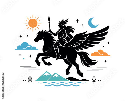 Nordic myth inspiration. A Valkyrie silhouetted against the sky on a winged horse, calm and powerful posture. Editorial fantasy scene