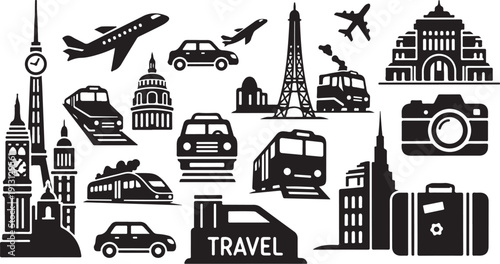 Travel icons and landmarks in black and white style