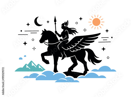 Nordic myth inspiration. A Valkyrie silhouetted against the sky on a winged horse, calm and powerful posture. Editorial fantasy scene
