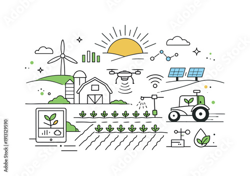 Innovative Sustainable Agriculture. Sustainable agri-tech future. A farm combines renewable energy, smart tools, and healthy crops in one harmonious landscape.