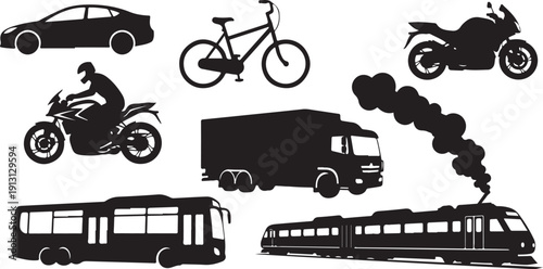 Various Transportation Vehicles and Silhouettes on White Background