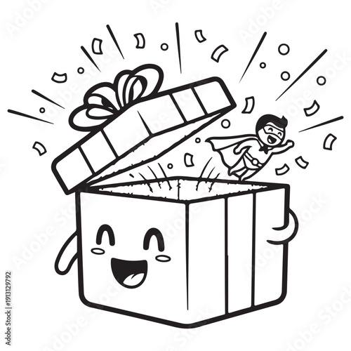 Happy Cartoon Gift Box with Flying Superhero and Confetti