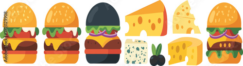 Gourmet cheeseburger and cheese set, assorted burgers with melted cheddar slices, flat vector fast food illustration isolated on white background