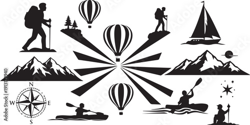 Adventure travel icons and silhouettes for exploration and tourism