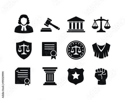 Judicial Authority Icons. Judicial authority. Solid icon set of Judicial authority: judge portrait, authority gavel, courthouse building, justice scales, law